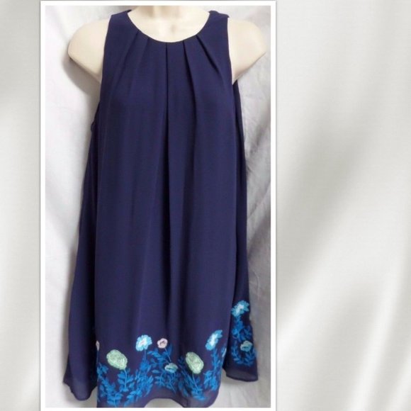"LOFT" BLUE FLORAL EMBROIDERED SLEEVELESS BOHO SWING TRAPEZE DRESS SZE: 8P NWT - Picture 2 of 5
